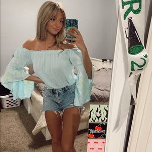 Off The Shoulder Light Blue Blouse W/ Flare Sleeve